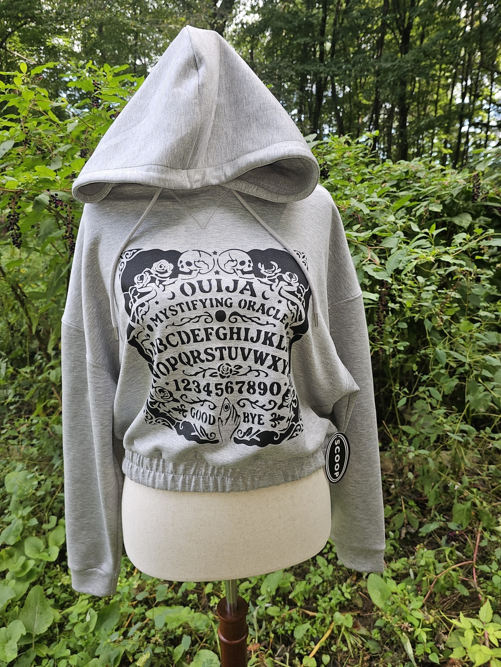 Gray Ouija Print Cropped Hoodie Sweatshirt